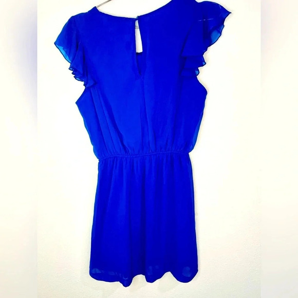 Timing Blue Sheer Ruffle Sleeve Dress Flowy Pleated Front - Picture 7 of 8